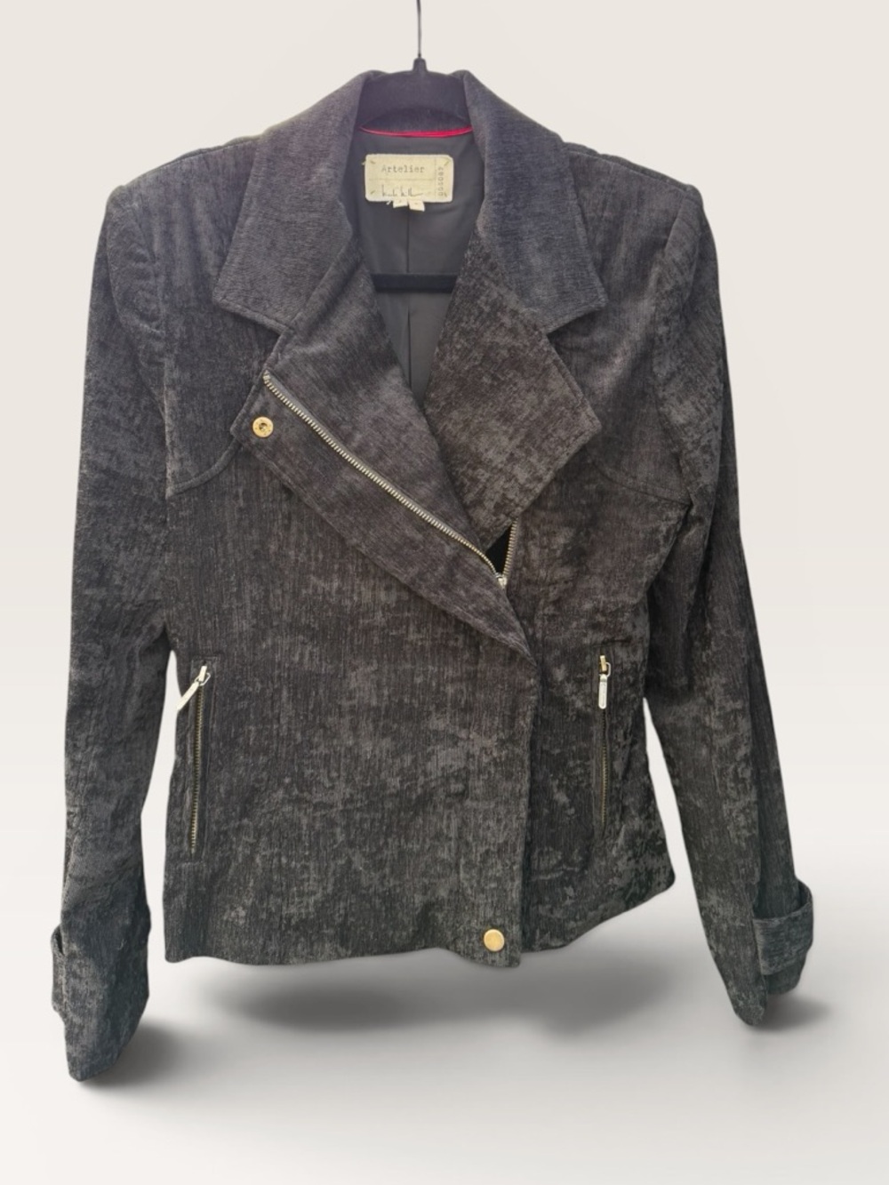 Nicole Miller Velvet Moto Jacket Cropped Black Suede Feel Blazer Zip Size S